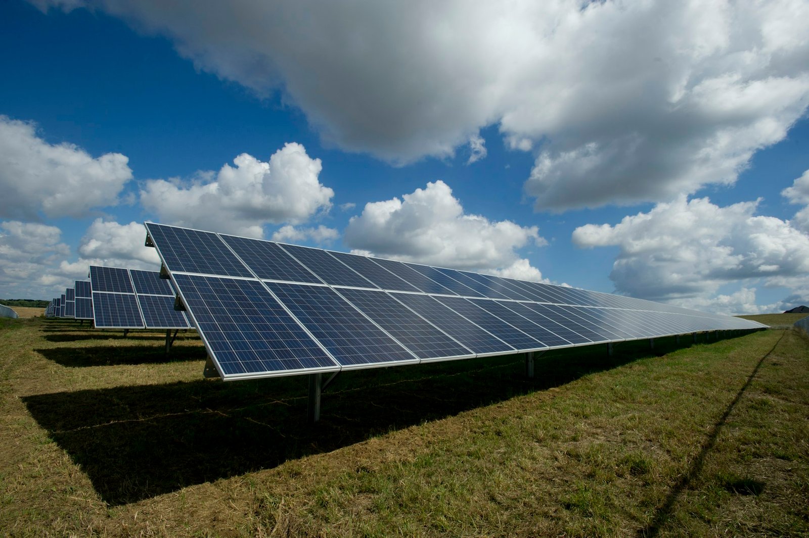 Ground-mounted solar array under an open sky